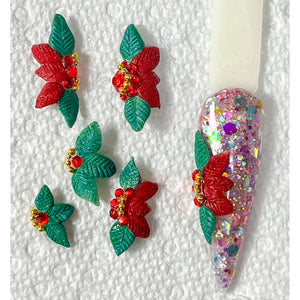 6 PCs Red and Green 3D Acrylic Poinsettia Nail Charms- Nail Flowers