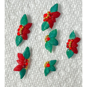 6 PCs Red and Green 3D Acrylic Poinsettia Nail Charms- Nail Flowers