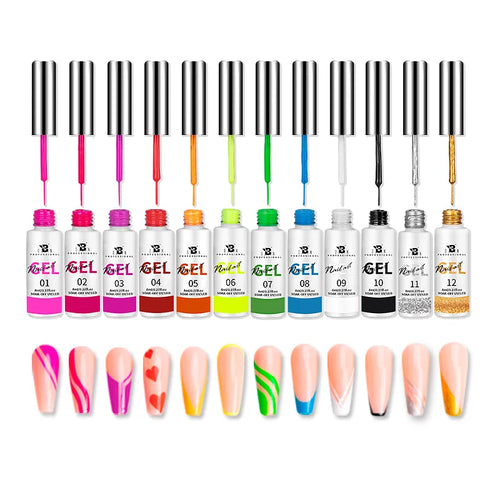 8ml Nail Art Gel Liner Painting Polish, Soak Off UV LED Gel Nail Polish , 12 Colors Painting Gel, Perfect for Nail Art DIY